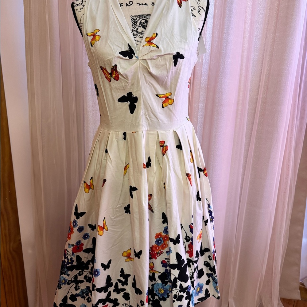 Belle Poque Retro Floral Butterfly Print Sleeveless Fit &Flare Dress